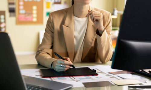 front-view-woman-working-desk